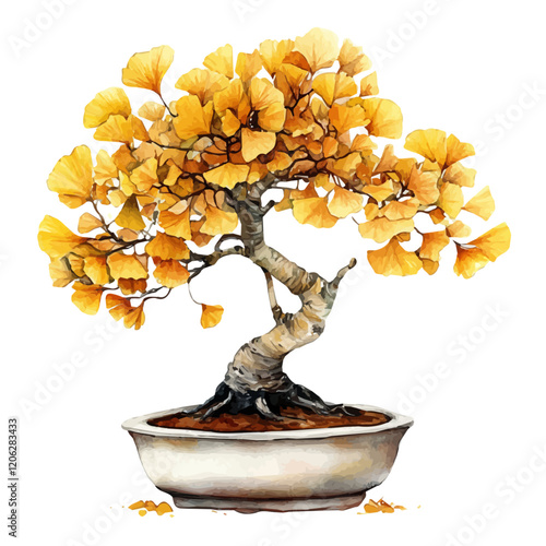 A watercolor vector of a Ginkgo bonsai, isolated on a white background. Ginkgo Bonsai vector.
