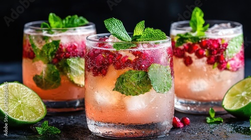 Pomegranate mint cocktails, ice, lime, dark background, refreshing summer drinks