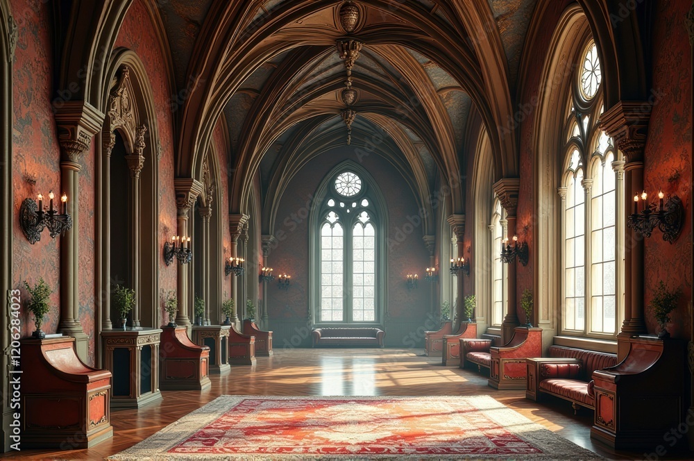 Obraz premium Majestic gothic hall with arched ceilings and luxurious red decor