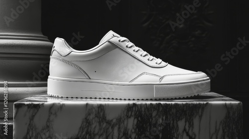 Stylish white sneakers displayed on a marble pedestal illuminated by soft nat...