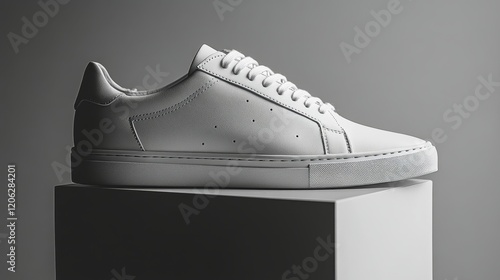 Stylish white sneakers displayed on a marble pedestal illuminated by soft nat...