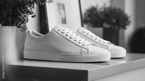 Stylish white sneakers displayed on a marble pedestal illuminated by soft nat...