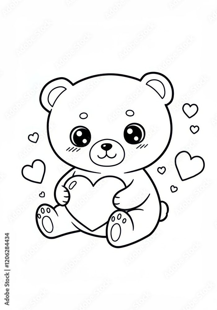 Cute cartoon polar bear cub, holding heart shape, kawaii style, big eyes, simple black and white line drawing, coloring page design, floating heart symbols, rounded paws, adorable expression, children Cute cartoon polar bear cub, holding heart shape, kawaii style, big eyes, simple black and white line drawing, coloring page design, floating heart symbols, rounded paws, adorable expression, children
