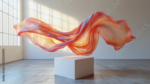 Flowing orange fabric gracefully dances above a white pedestal with warm ligh...