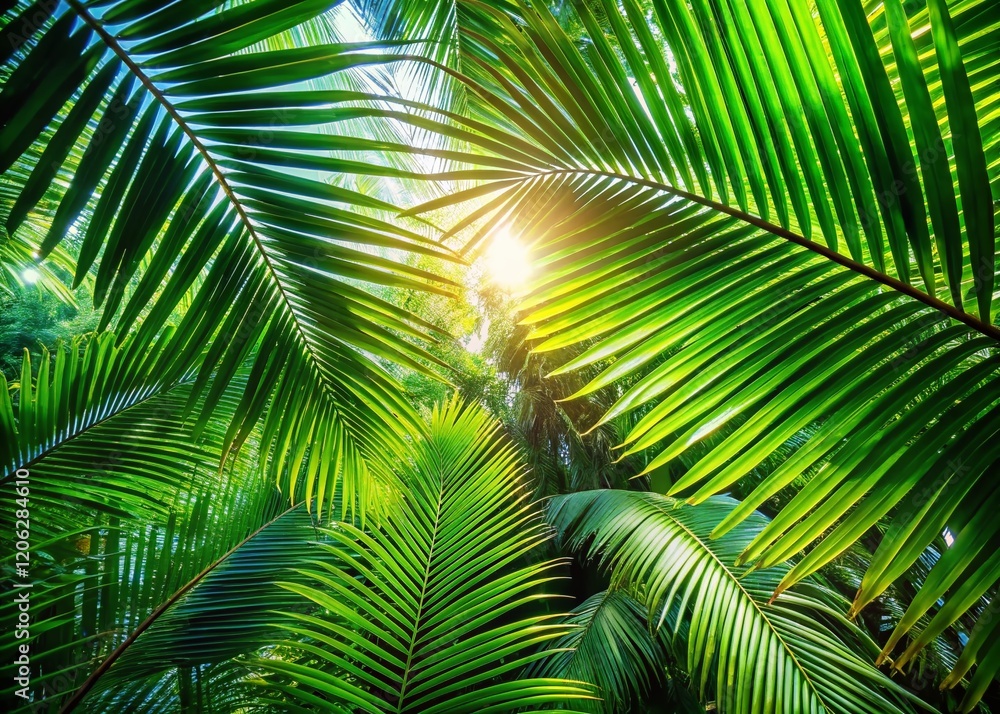 Fototapeta premium Minimalist Sunlight Filtering Through Lush Tropical Palm Canopy
