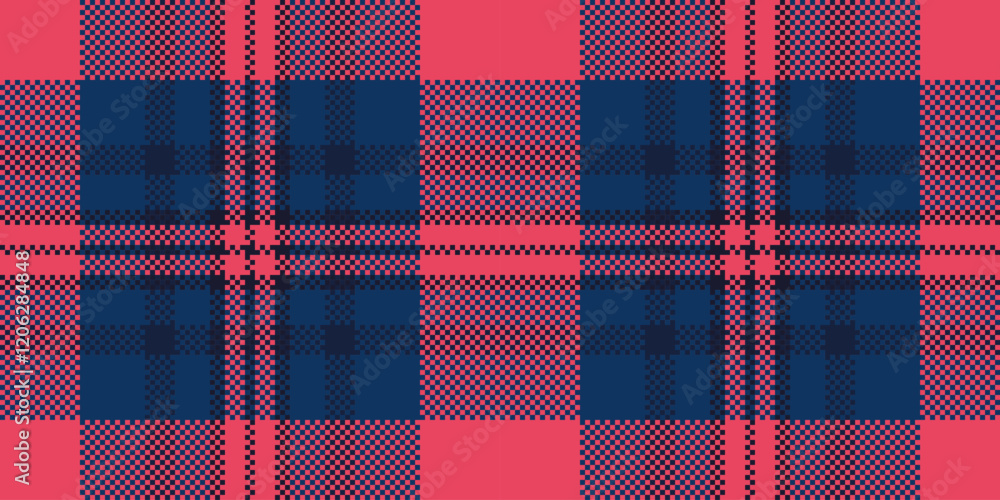 Ribbon check plaid seamless, pixel texture tartan pattern. Advertising vector textile background fabric in red and blue colors. Ribbon check plaid seamless, pixel texture tartan pattern. Advertising vector textile background fabric in red and blue colors.