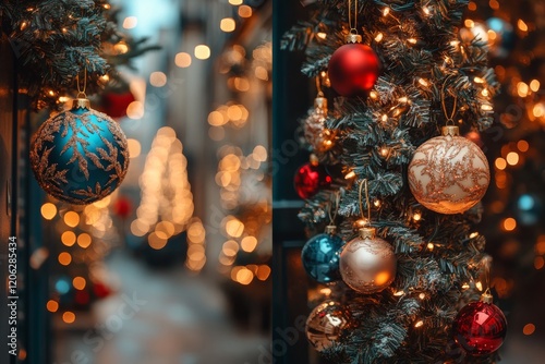 Colorful Christmas ornaments arranged beautifully on a festive display with s...