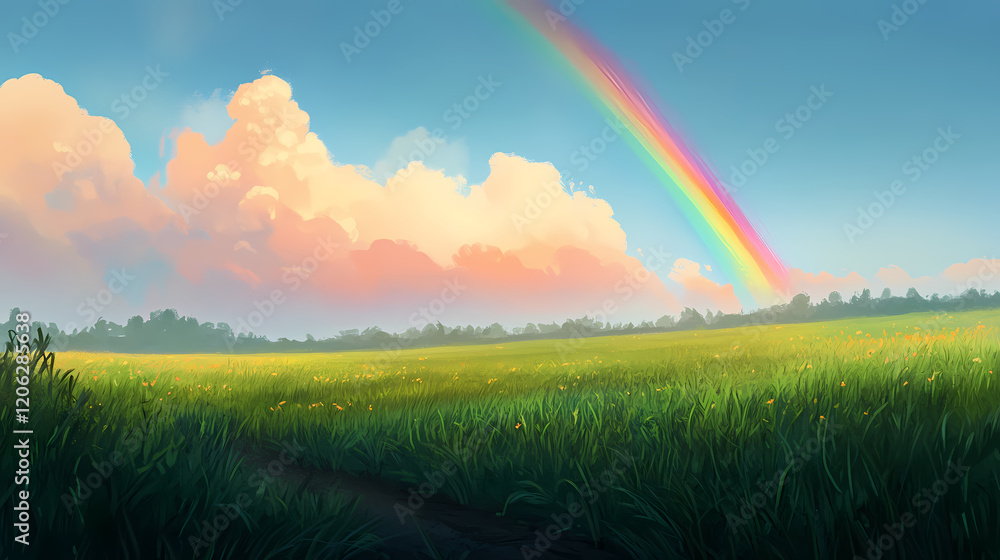 Naklejka premium A vibrant rainbow arching across a clear sky after a light rain, with lush green fields in the foreground. Rainbow Fields. Illustration