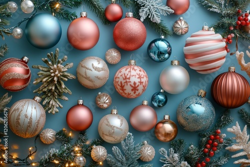 Colorful Christmas ornaments arranged beautifully on a festive display with s...