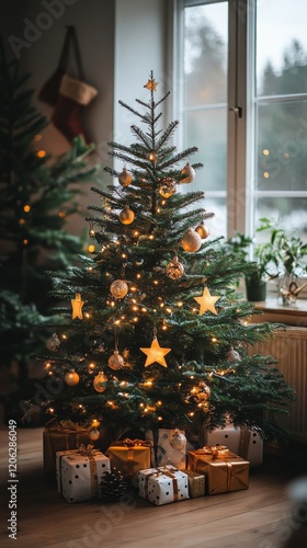Cozy living room decorated for Christmas with a beautifully lit tree and pres...