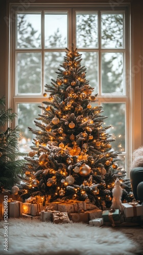 Cozy living room decorated for Christmas with a beautifully lit tree and pres...