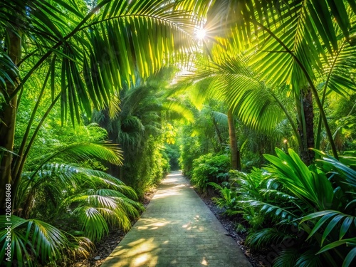 Minimalist Tropical Pathway: Sunlit Leaves & Shadows