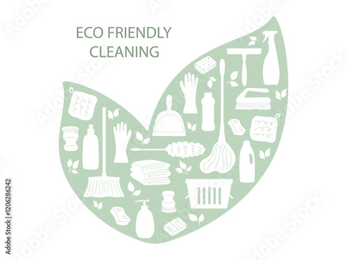 Eco friendly cleaning concept with green leaf filled with white silhouettes of cleaning tools and supplies. Minimalistic vector illustration. Perfect for sustainable lifestyle design