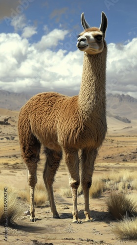 Unique llama standing on rocky terrain in the sunlight during a clear day