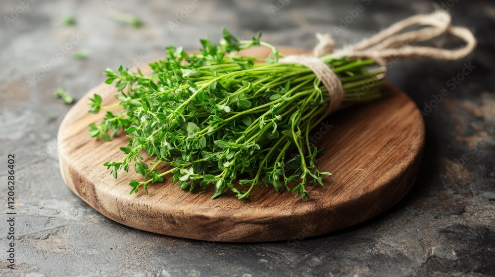 A neatly bundled bunch of fresh green herbs is placed on a rustic wooden board, showcasing their vibrant color and freshness, ideal for culinary use and consumption. A neatly bundled bunch of fresh green herbs is placed on a rustic wooden board, showcasing their vibrant color and freshness, ideal for culinary use and consumption.