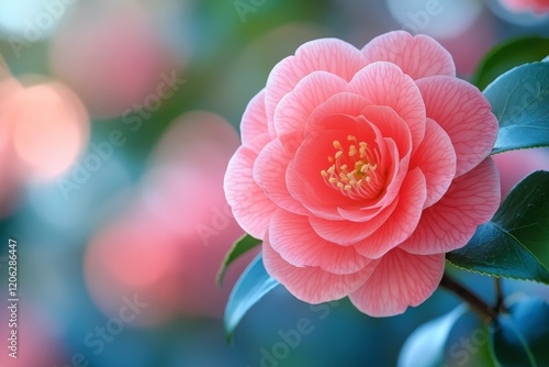 Beautiful pink camellia flower blooming in a garden with soft bokeh backgroun...