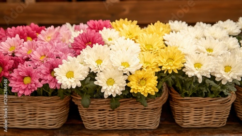 Wallpaper Mural Colorful chrysanthemums and daisies in wicker baskets for vibrant floral arrangements Torontodigital.ca