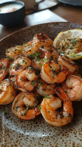 Grilled shrimp served with dipping sauce and herbs on a rustic wooden table