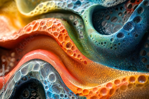 Colorful abstract texture with vibrant waves and bubbles in fluid art composi...