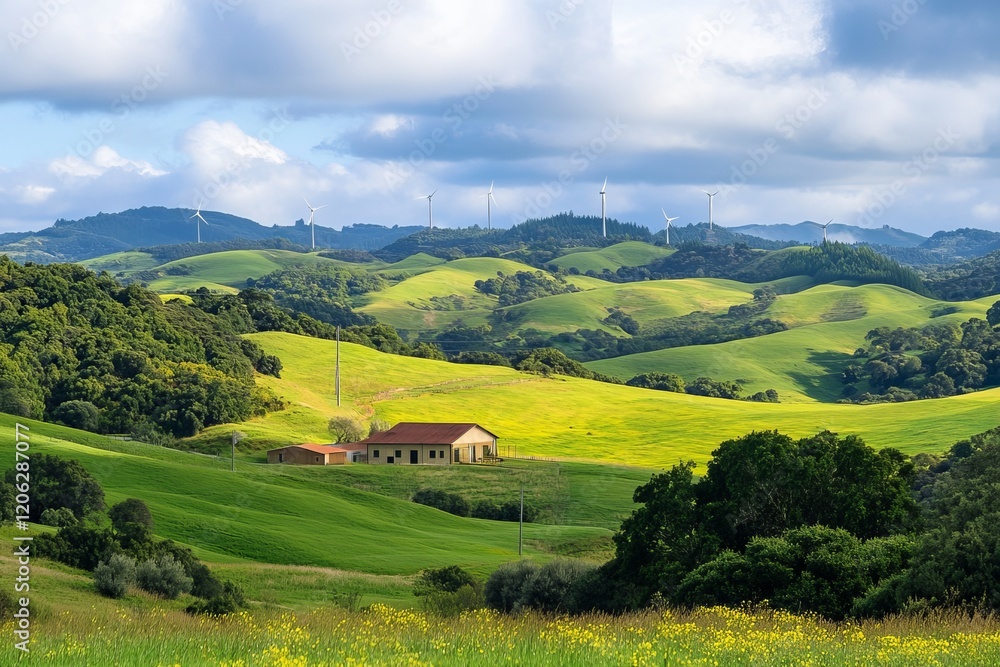 Obraz premium Stunning Rural Landscape Green Hills Farm House Wind Turbines Sunny Day Pastoral Scenery Vibrant Nature Eco Friendly Energy Rolling Hills Countryside Idyllic View 