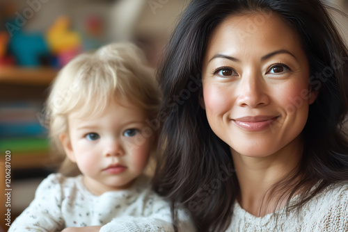 Smiling nanny with long dark hair sitting next to a blonde toddler in a cozy home environment, radiating warmth, care, and trust