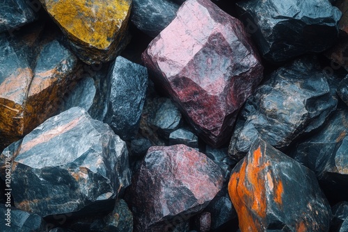 Various colorful stones arranged in an artistic display showcasing natural te...