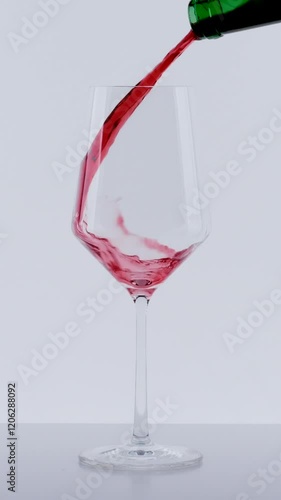 Red wine forms beautiful wave. Wine pouring in wine glass over white background. Close-up shot. Slow motion of pouring red wine from bottle into goblet.
