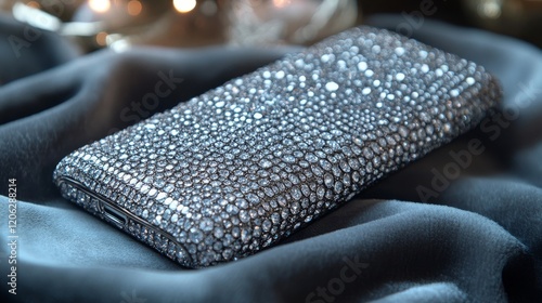 Stylish and glamorous phone case adorned with shimmering crystals on soft fab...