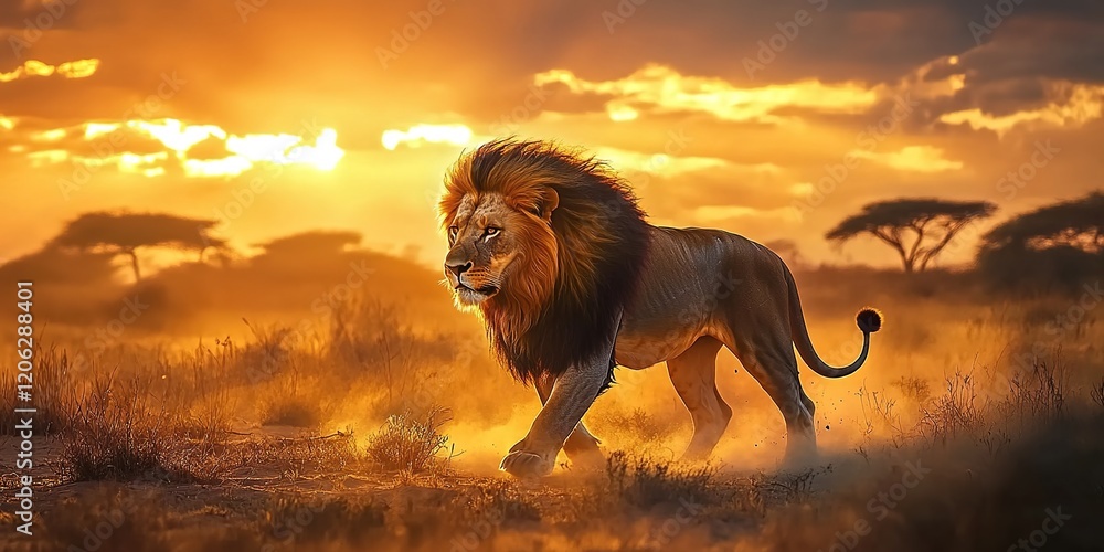 Obraz premium A majestic lion stands tall in the African savannah at sunset, dust swirling around its mane as it hunts for its next meal. 