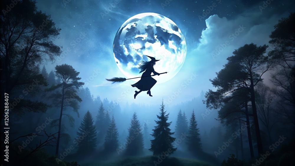 Minimalist Witch Flying Broomstick Forest Night Sky Silhouette Minimalist Witch Flying Broomstick Forest Night Sky Silhouette