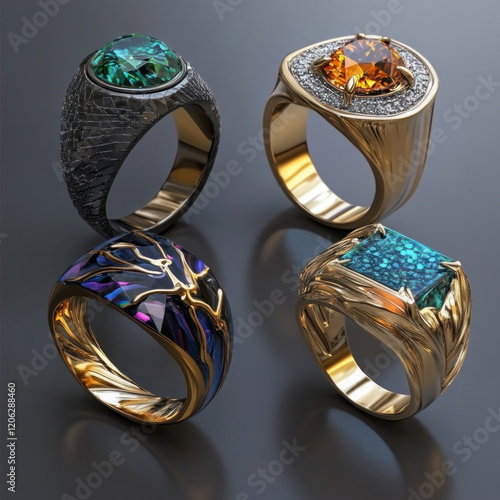 four unique designer rings with various inserts of precious and semi-precious stones.  photo