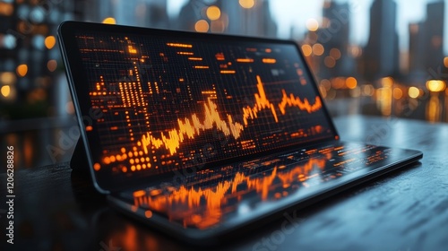 Colorful sound wave visualization on smartphone against a city backdrop in th...