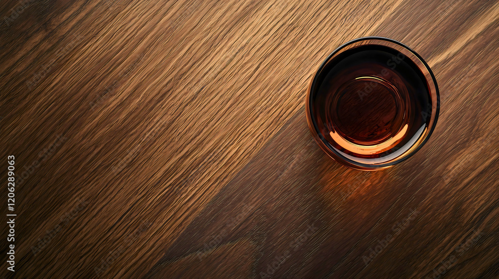 Obraz premium Whiskey, a traditional drink consumed in various parts of Europe, placed on a wooden bar and photographed from an overhead perspective. A strong alcoholic beverage.