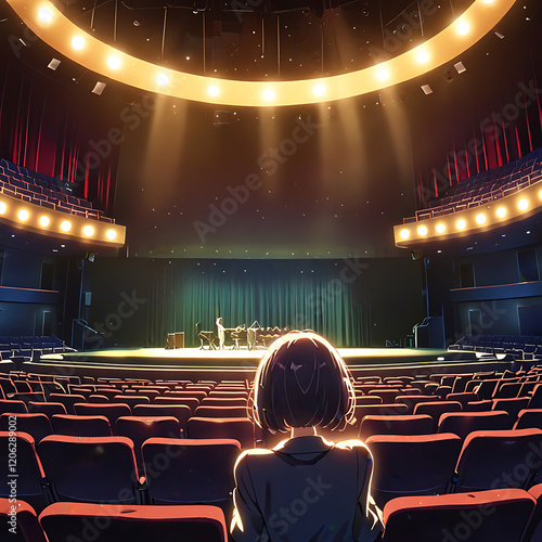 Broadway-Style Theater: Dramatic Stage Awaiting Anime Character's Musical Performance in Colorful, Cinematic Setting