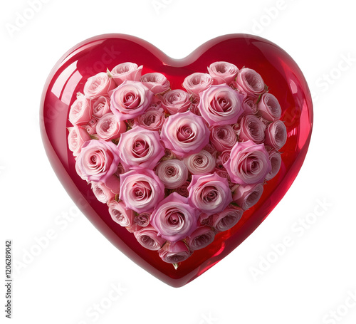 Pink Roses Bouquet in Red Heart Glass on Transparent Background.