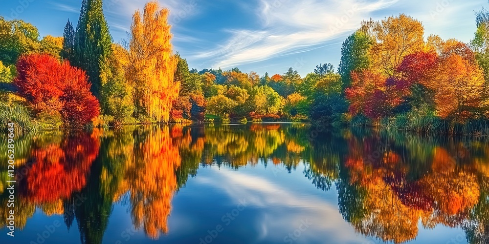 Naklejka premium A picturesque autumn scene with colorful trees reflecting on the calm surface of a tranquil lake, creating a stunning natural landscape
