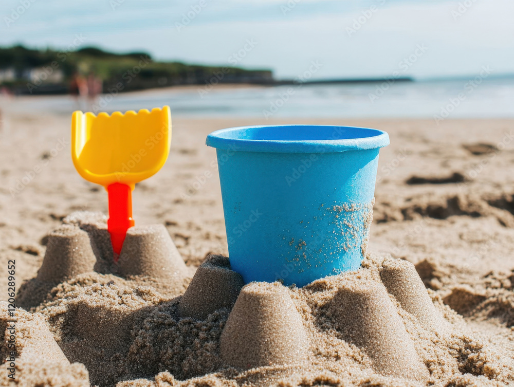 Building sandcastles at the beach on a sunny day with colorful toys offers a joyful experience for families enjoying the coastal atmosphere Building sandcastles at the beach on a sunny day with colorful toys offers a joyful experience for families enjoying the coastal atmosphere