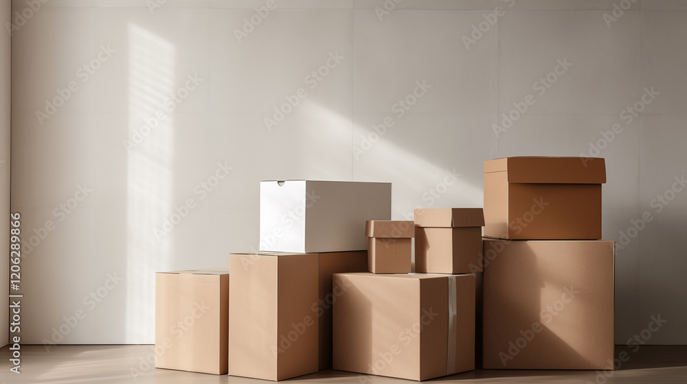 Déménagement d'un appartement, d'une maison. Cartons, boîte de rangement. Nouveauté, style de vie, famille, intérieur. Pour conception et création graphique. Déménagement d'un appartement, d'une maison. Cartons, boîte de rangement. Nouveauté, style de vie, famille, intérieur. Pour conception et création graphique.