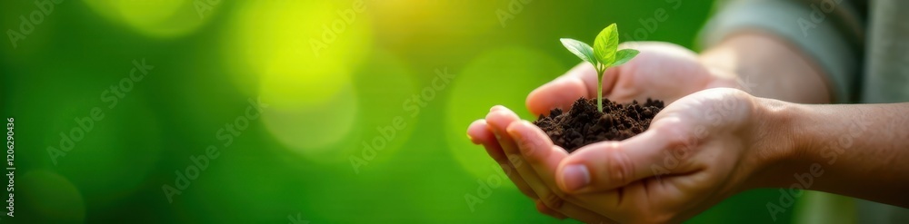 Small sprout cradled in gentle hands, lush green background, leaves, hands Small sprout cradled in gentle hands, lush green background, leaves, hands