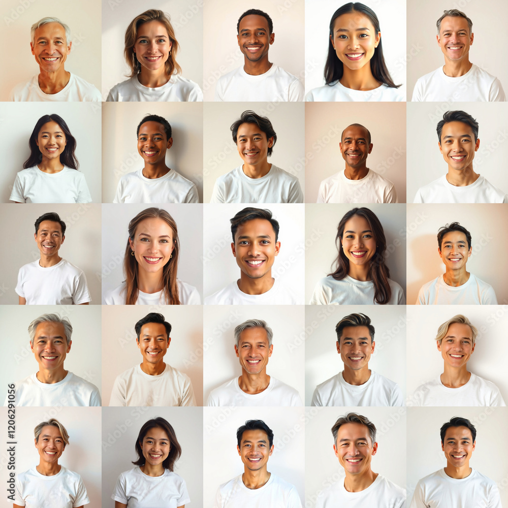 Fototapeta premium Diverse Group Portrait Collection Showing Smiling People Light Background, Representing Inclusivity and Unity