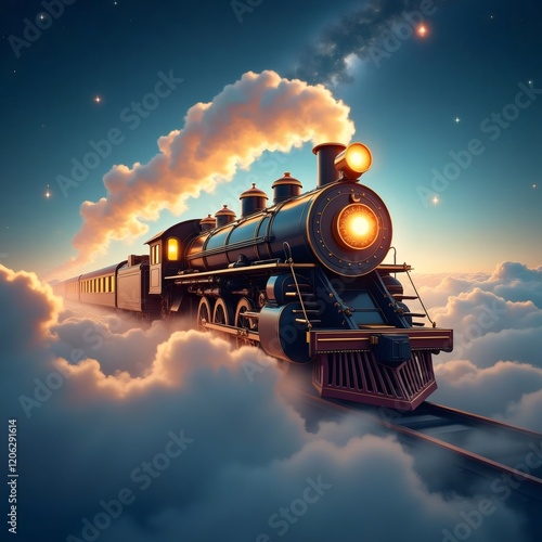 A vintage steam train gracefully travels through a sky of fluffy clouds