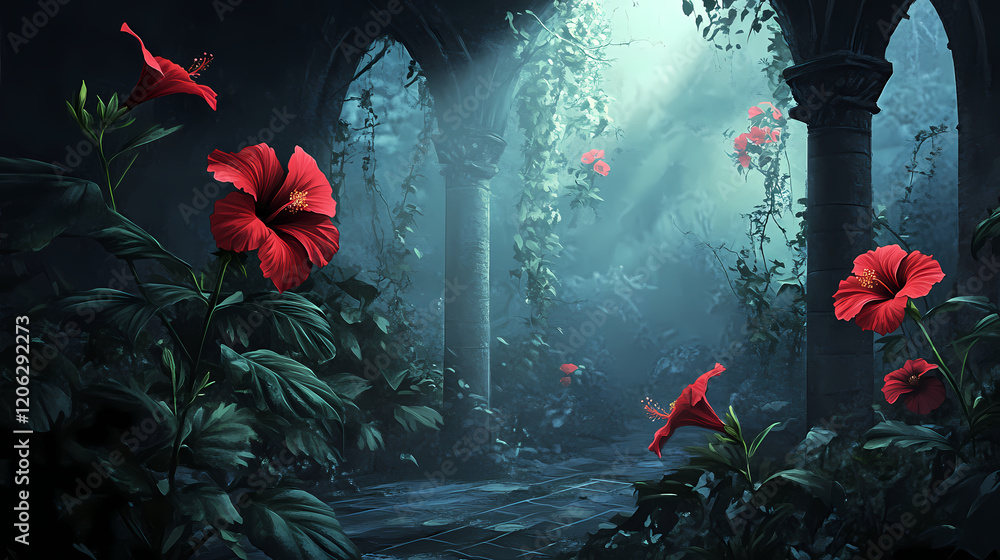 Fototapeta premium Amidst the gothic garden, hibiscus flowers emitted an eerie glow, their red petals surrounded by shadows and mist. Gothic Garden. Illustration