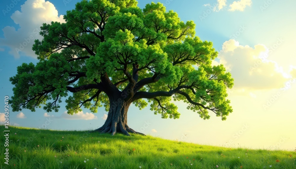 Single majestic oak, leaves rustling in breeze, oak tree, element Single majestic oak, leaves rustling in breeze, oak tree, element
