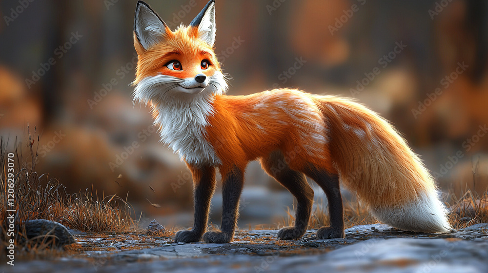 Fototapeta premium Curious red fox standing on a rock in the forest