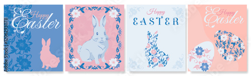 Easter vector card set. Happy easter greeting text with rabbit, eggs, flowers pattern for holiday seasonal card design. Website decoration, graphic elements, posters in pastel colors
