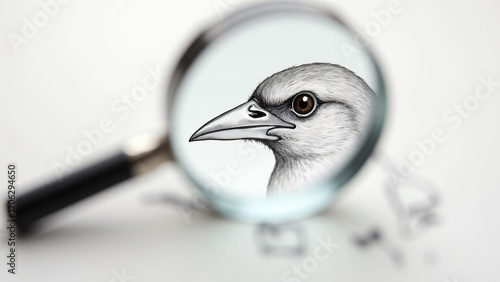 A magnifying glass focusing on a detailed finch sketch, with emphasis on its beak, showcasing the meticulous scientific observation similar to Darwin's work.