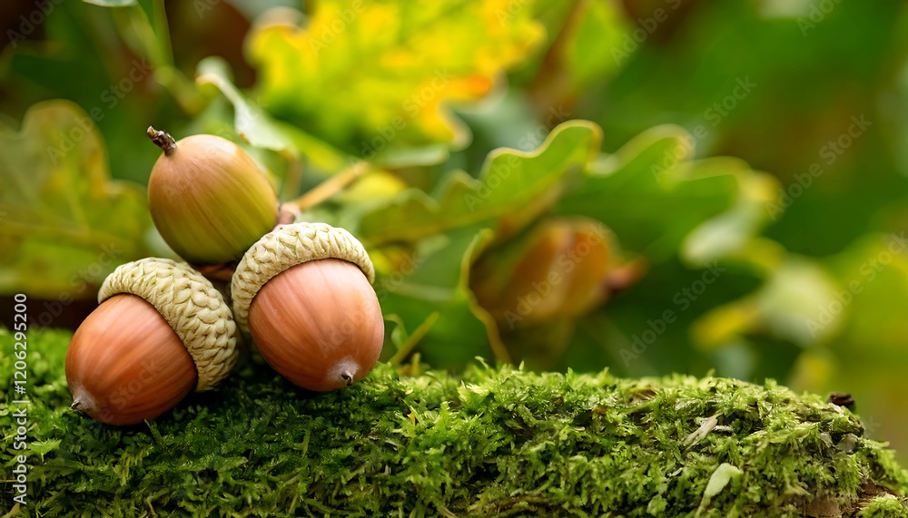 Three acorns rest on a bed of vibrant green moss, nestled amongst blurred oak leaves. A perfect image for autumnal themes, nature websites, or educational projects. Three acorns rest on a bed of vibrant green moss, nestled amongst blurred oak leaves. A perfect image for autumnal themes, nature websites, or educational projects.