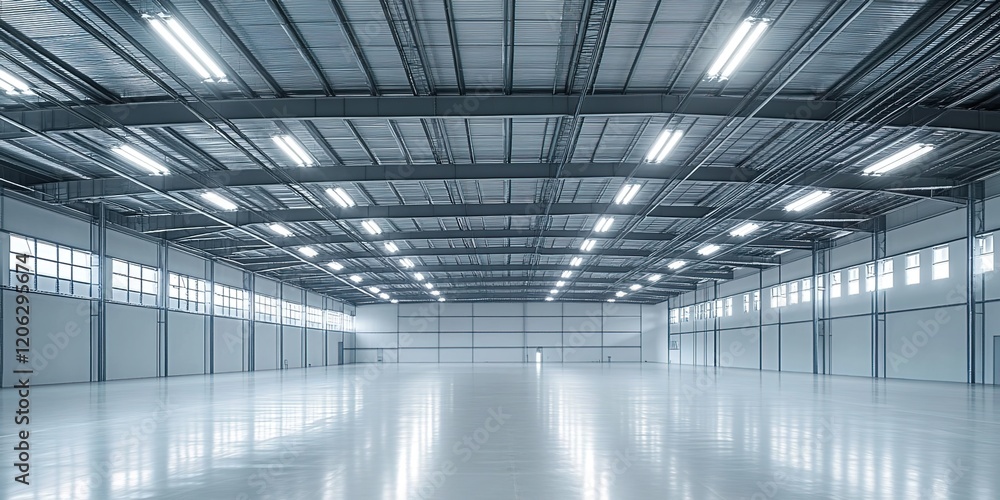 A large, empty warehouse with LED lighting for energy efficiency and comfortable working conditions. A large, empty warehouse with LED lighting for energy efficiency and comfortable working conditions.