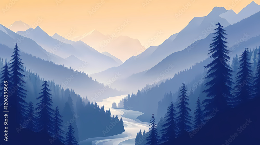 Obraz premium Misty mountain valley river landscape. Majestic Valley. Illustration
