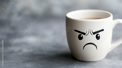 White mug with angry expression drawn on it photo